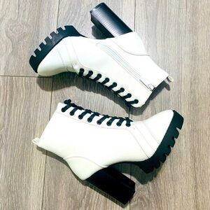 New Women White Combat Lugged Block Heel Platform Lace Up Boots Faux Leather